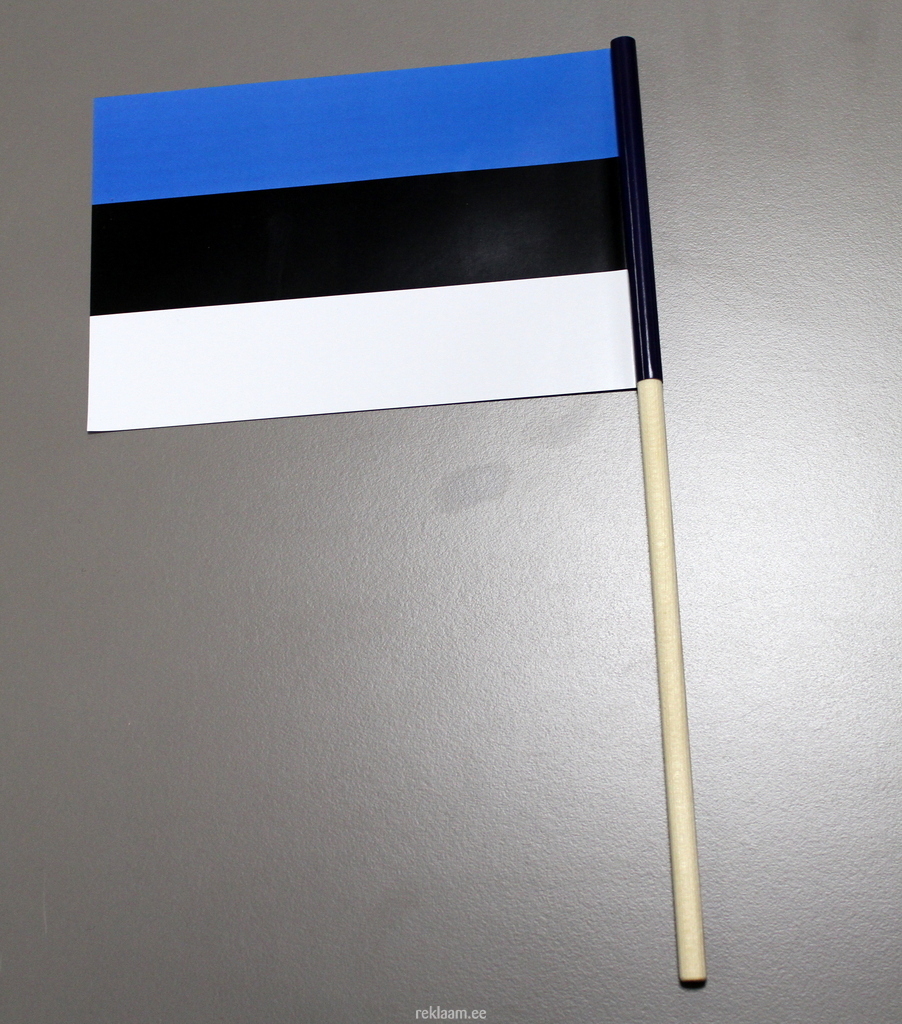 Väike eesti lipp, mille teisele poole on trükitud ettevõtte reklaam. 